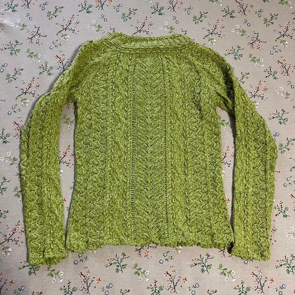 Sigrid Olsen Cable Knit Sweater Fisherman Pullover Jumper Pointelle Green XS - Picture 2 of 7